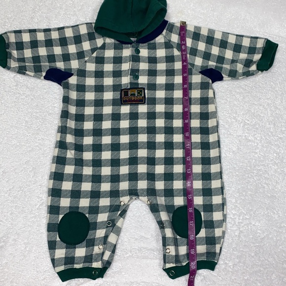Vintage 90’s kids n more green white checked hooded romper 12m - Picture 3 of 6